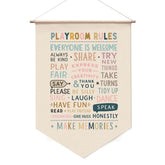 Playroom Rules Wall Art fabric banner with pine wood rods in kids room