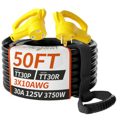 PlugSaf rv extension cord 50 ft 30A TT-30P to TT-30R