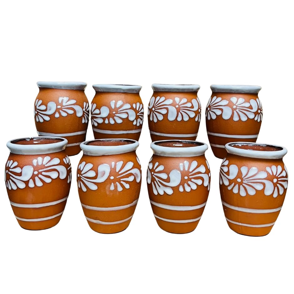 Eight white Plumeado Cantarito Cups set for Fiesta Clay Cantarito