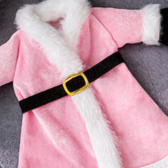 pink Santa design wine bottle sweater with gold buckle