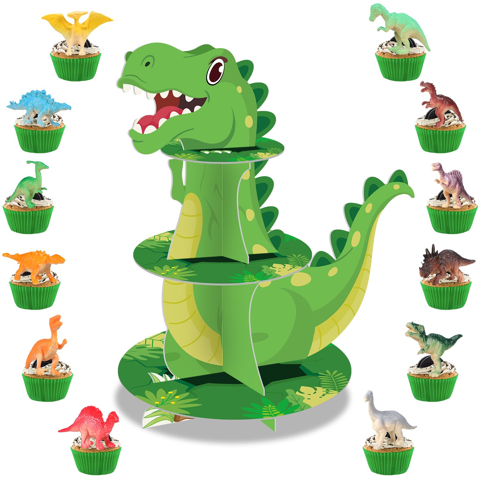Poen 3 tier dinosaur cupcake stand with 24 dinosaur toppers