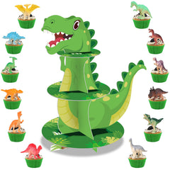 Poen 3 tier dinosaur cupcake stand with 24 dinosaur toppers