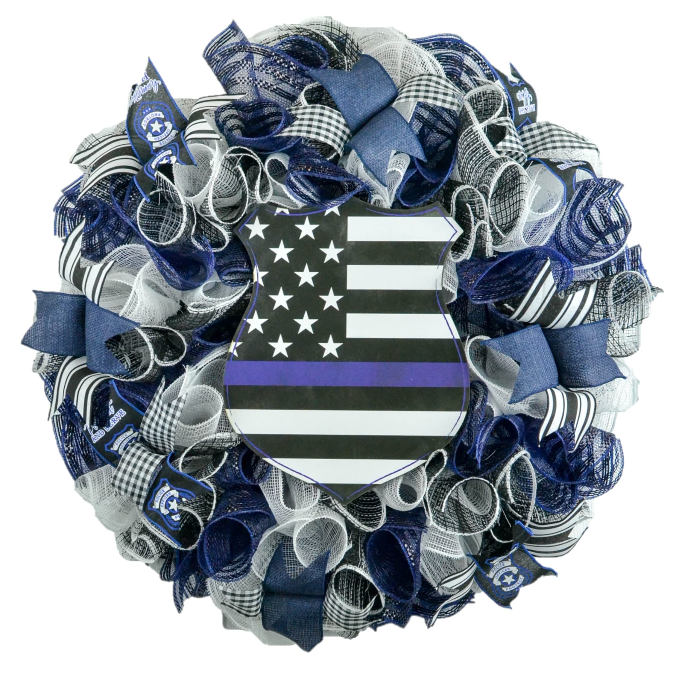 Police Badge Door Wreath 24 inch round blue black white mesh