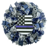 Police Badge Door Wreath 24 inch round blue black white mesh