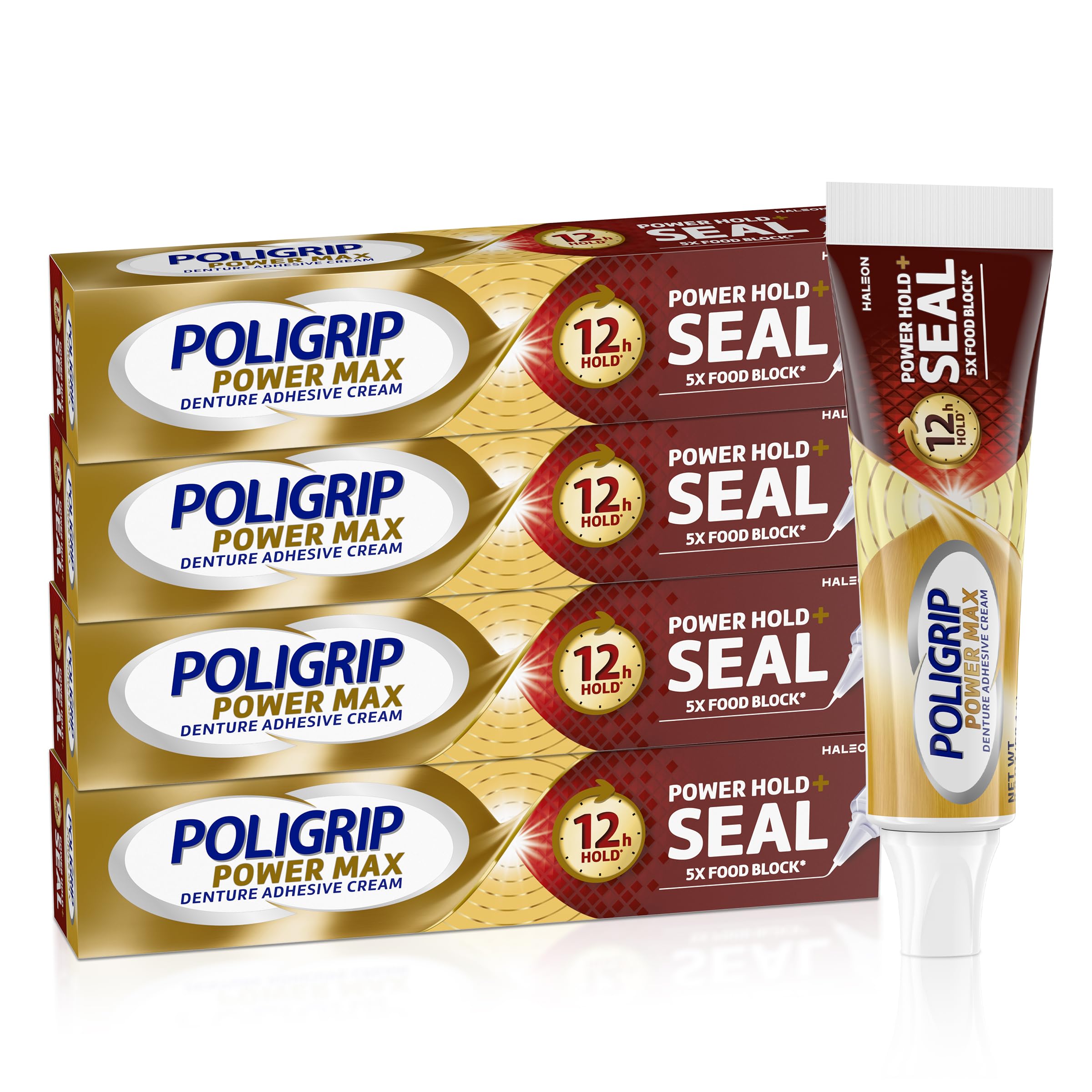Poligrip Power Max Hold Plus Seal denture adhesive cream four pack 2.2 oz tubes