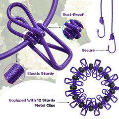 12 adjustable clips with reinforced coating on travel clothesline