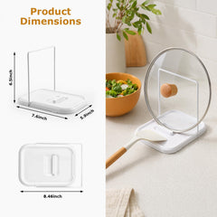 Pot lid holder with spoon rest upright on countertop