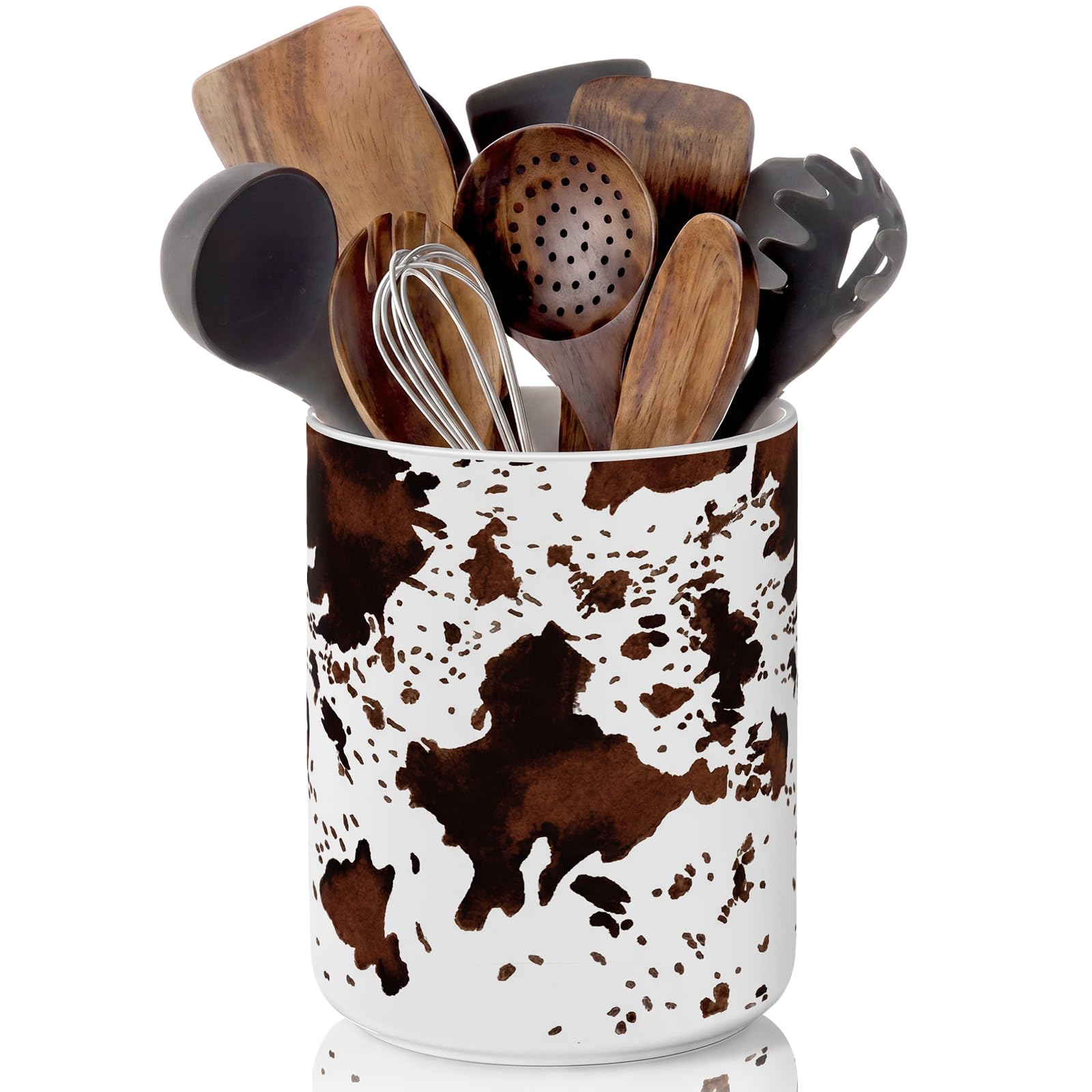 Potchen Western cowhide ceramic utensil holder on kitchen counter