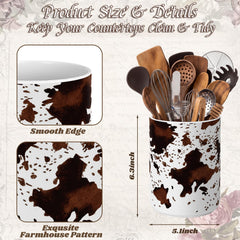 White and brown ceramic utensil holder measuring about 6.3 inches tall