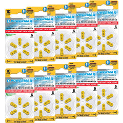 Powermax Size 10 hearing aid batteries with yellow tab and 60 count pack