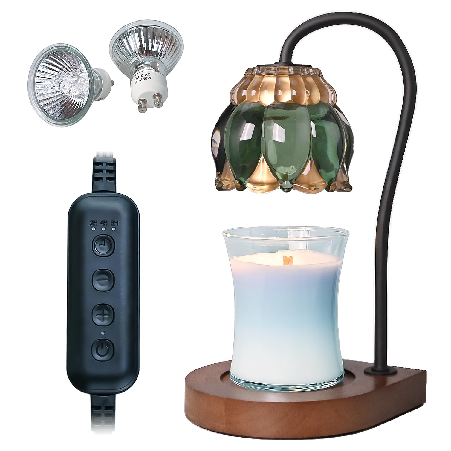 PPZHAVG candle warmer lamp dark green with metal body and flower shaped glass shade
