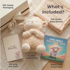Praying lamb plush with sensory texture and muslin blanket