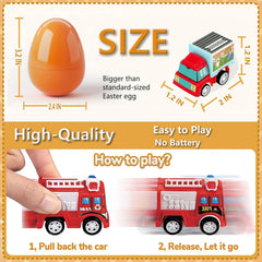 Image of 12 pre-filled Easter eggs with pull-back construction vehicles inside