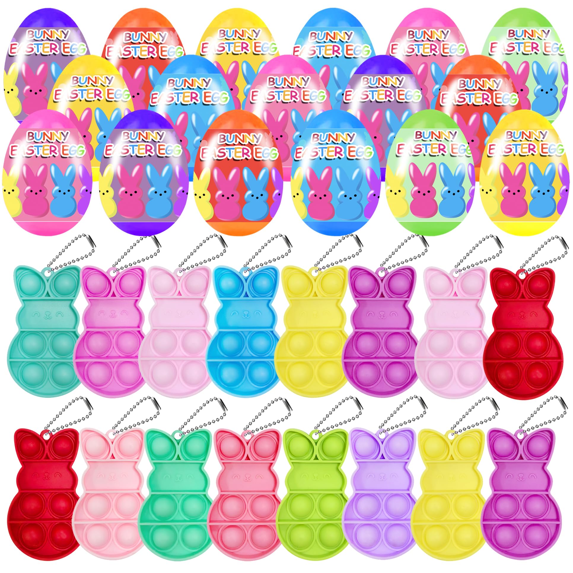 24 count prefilled Easter eggs with bunny pop bubble fidget keychains