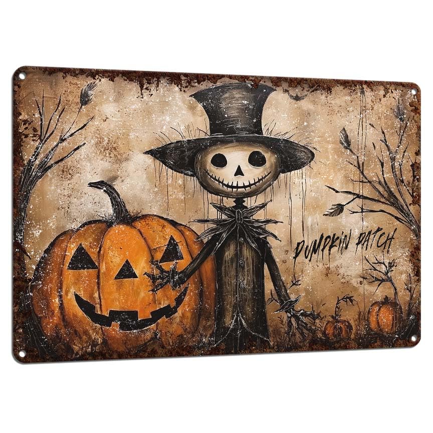 Primitive Scarecrow Halloween Decor Metal Sign Indoor Outdoor front view