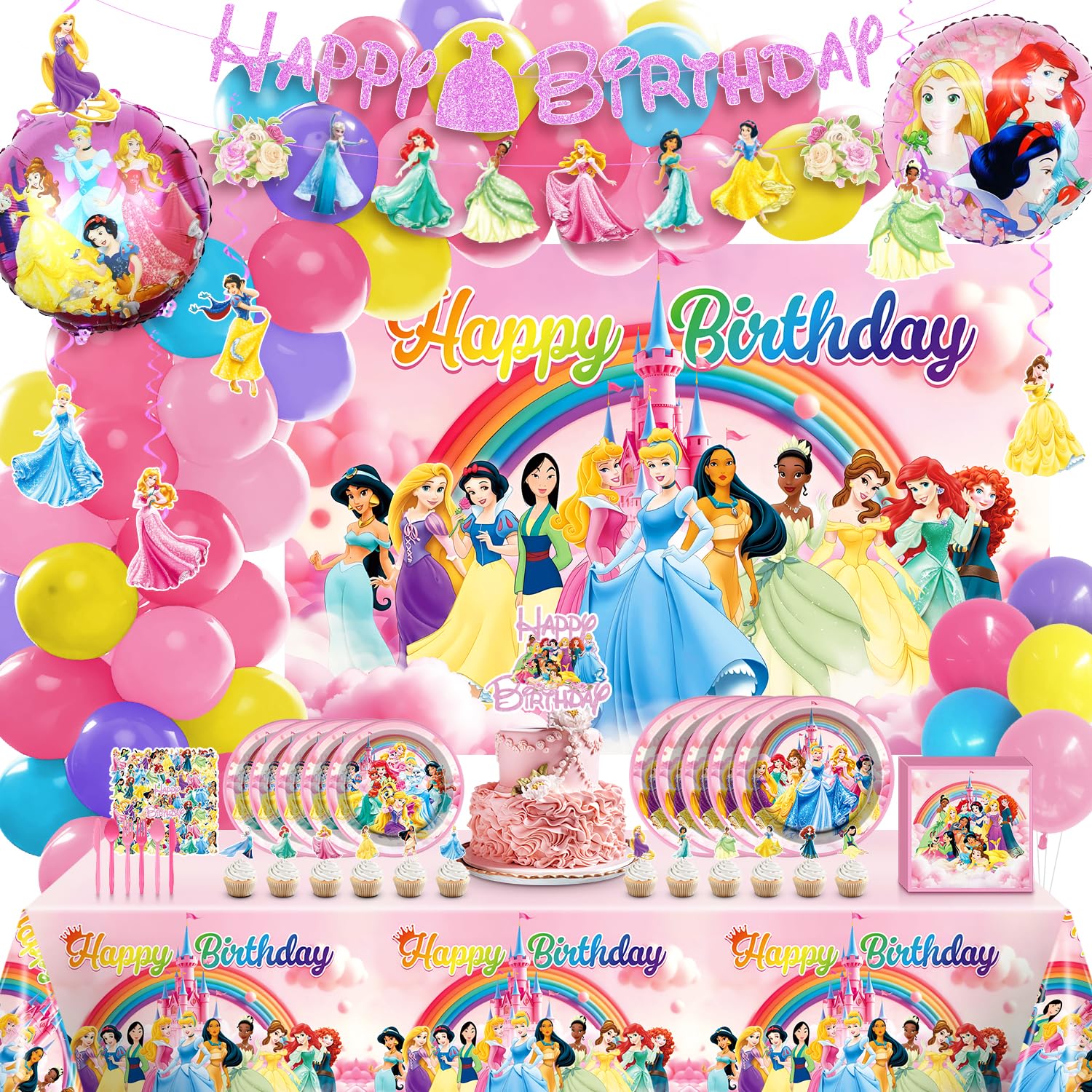 Princess Birthday Decorations balloon arch with 120 balloons