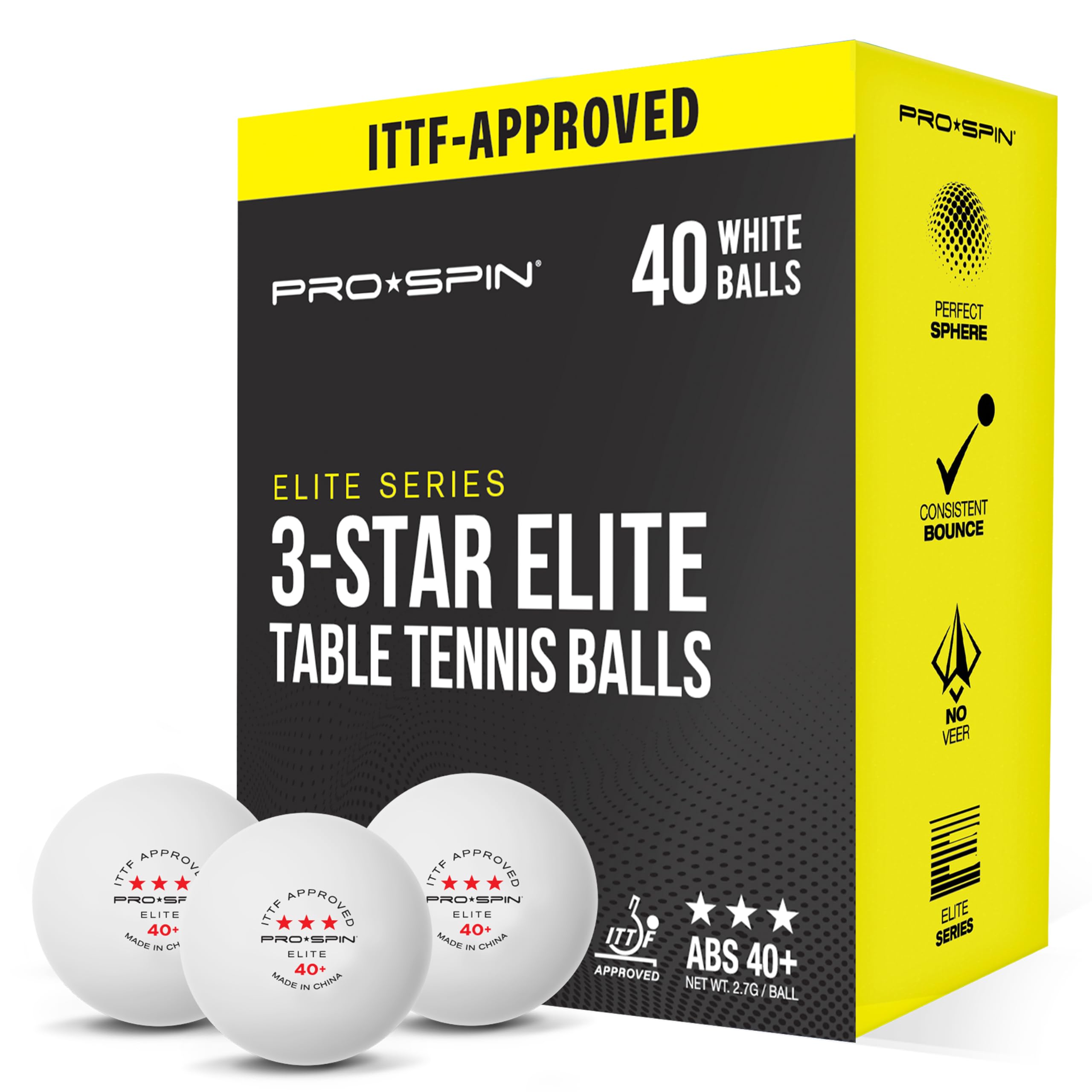 PRO-SPIN Elite Series 3-Star ping pong balls in packaging