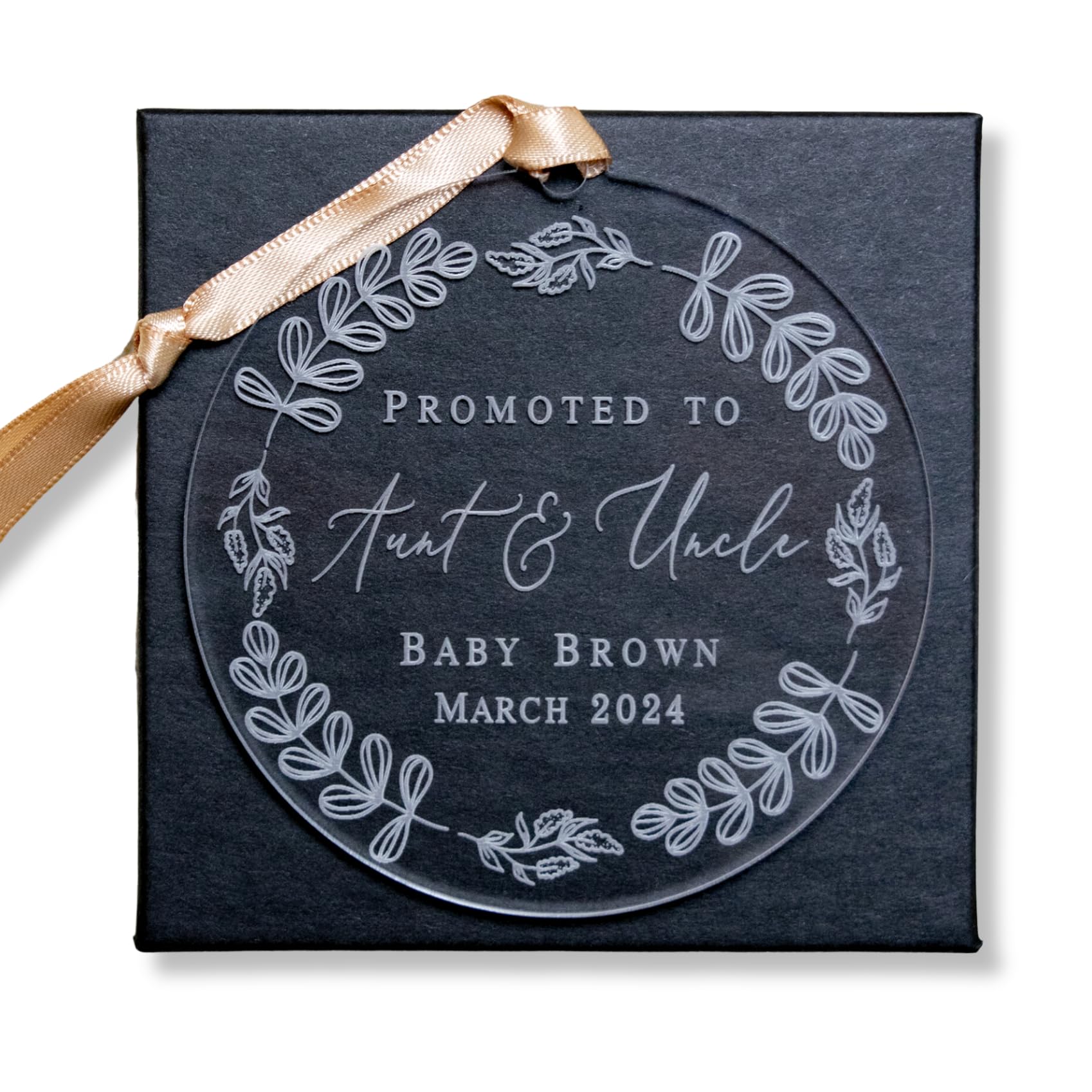 Promoted to Aunt and Uncle Ornament laser engraving on clear acrylic