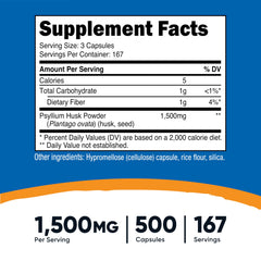 Psyllium husk 1500mg capsules by Nutricost gluten free packaging