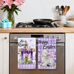 Purple buffalo plaid Easter towels decor