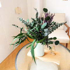 Purple dried lavender flowers included with eucalyptus stems