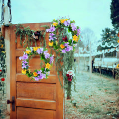 Garland with purple flowers and eucalyptus for decor