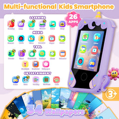 Purple kids smartphone toy showing dual cameras