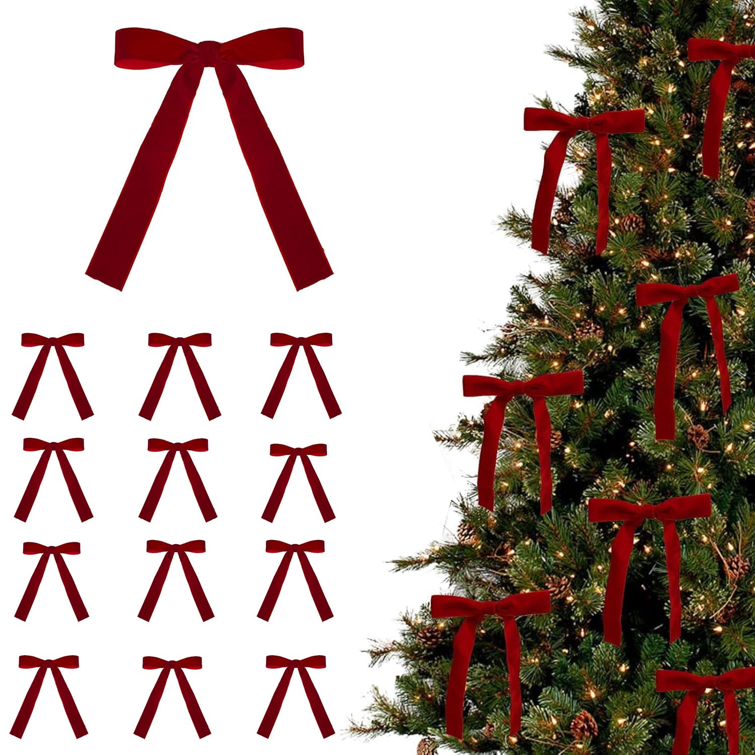 PYIEV velvet bows for Christmas Tree 24 Pcs in red
