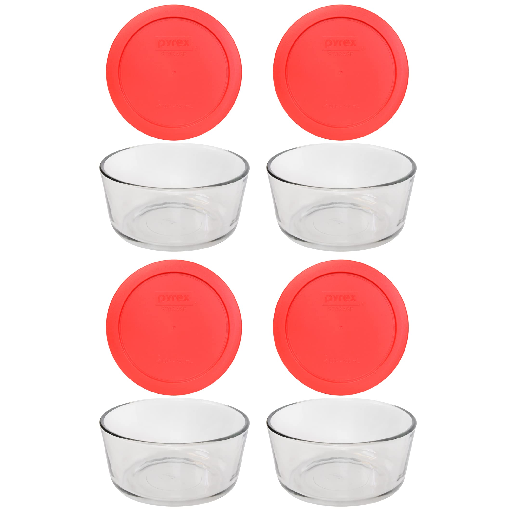 Pyrex 7201 4-Cup Glass Bowls with Red Lids