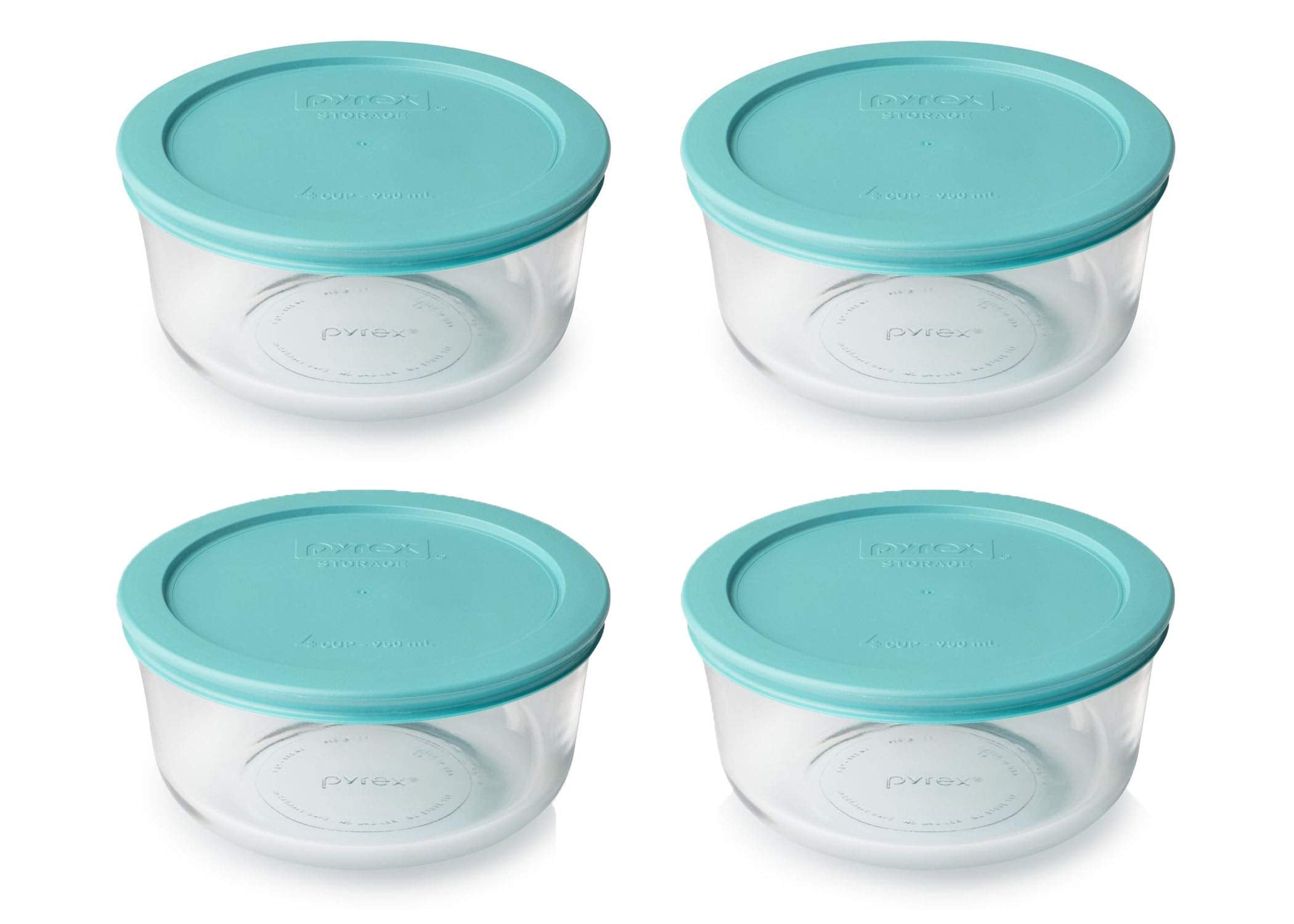 Pyrex 7201 glass bowls with turquoise 7201-PC lids 4 cup set Made in USA
