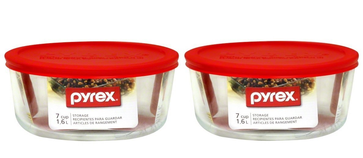 Two Pyrex 7203 7-Cup glass bowls with 7402-PC red lids.