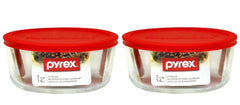 Two Pyrex 7203 7-Cup glass bowls with 7402-PC red lids.