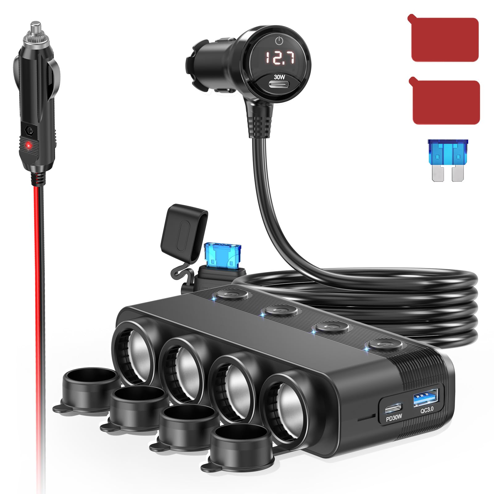 Qidoe cigarette lighter splitter 4-socket car charger close up