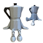 Quirky Moka Pot with Articulated Legs on shelf decor