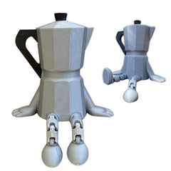 Quirky Moka Pot with Articulated Legs on shelf decor