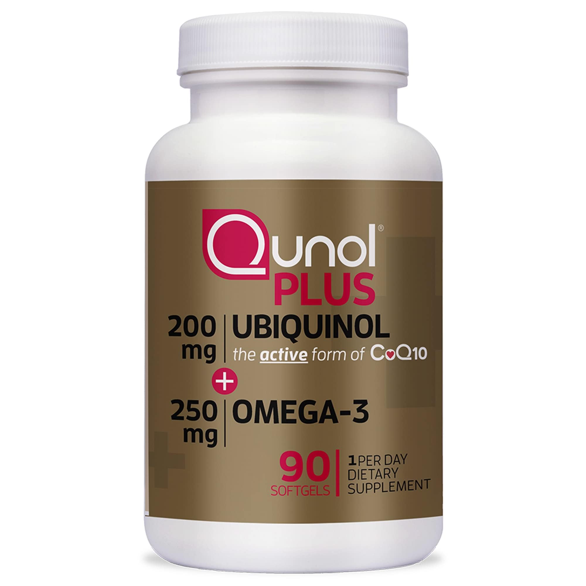 Qunol Ubiquinol 200mg Omega-3 250mg 90ct bottle label