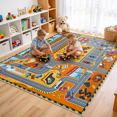 Quntue Kids Play Rug 4x5 ft construction site design with non-slip backing