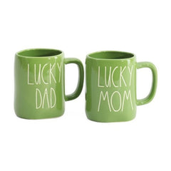 Green Rae Dunn ceramic mugs set 2 LUCKY MOM LUCKY DAD