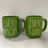 Rae Dunn LUCKY MOM LUCKY DAD mug set of 2 green ceramic