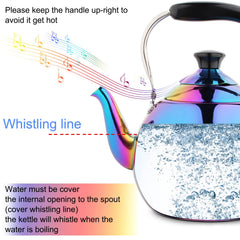 Rainbow iridescent mirror finish tea kettle on stove top