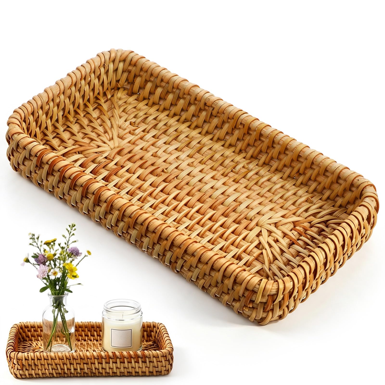 Rattan Serving Tray for Keys yellow on entryway table