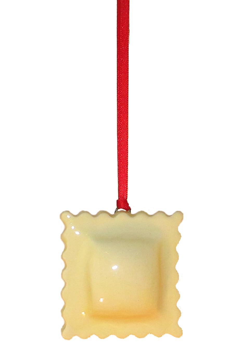 Ravioli ornament hanging from a red ribbon
