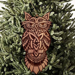 Laser engraved Celtic Owl Cedar Ornament USA made in Texas