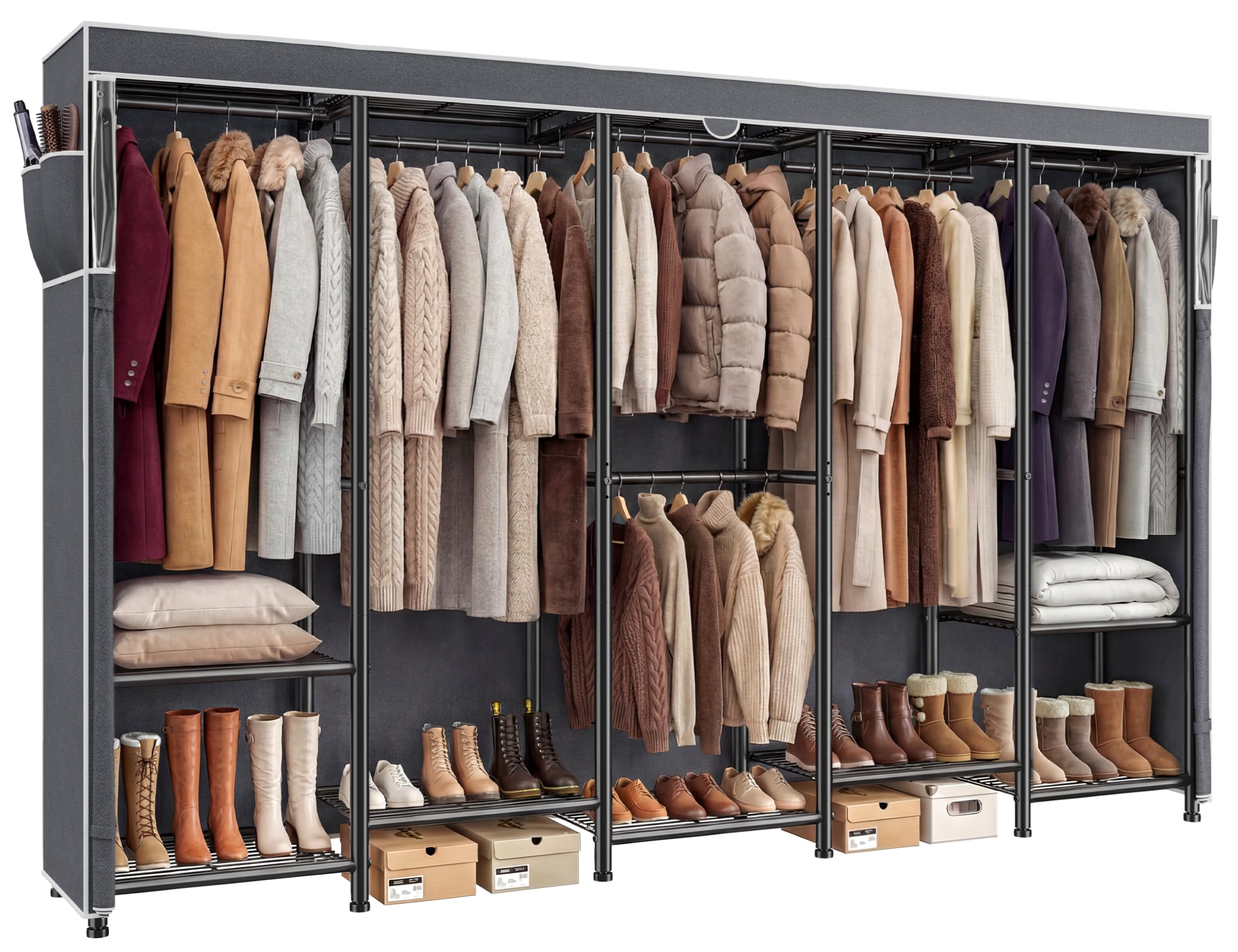 Raybee clothes rack with cover showing 12 shelves and 6 hanging rods
