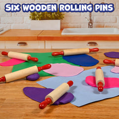 Six mini wooden rolling pins with red handles for crafts