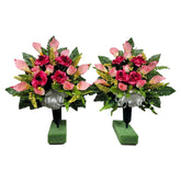 Realistic Artificial Cemetery Flowers pink rose and calla lily cone pair