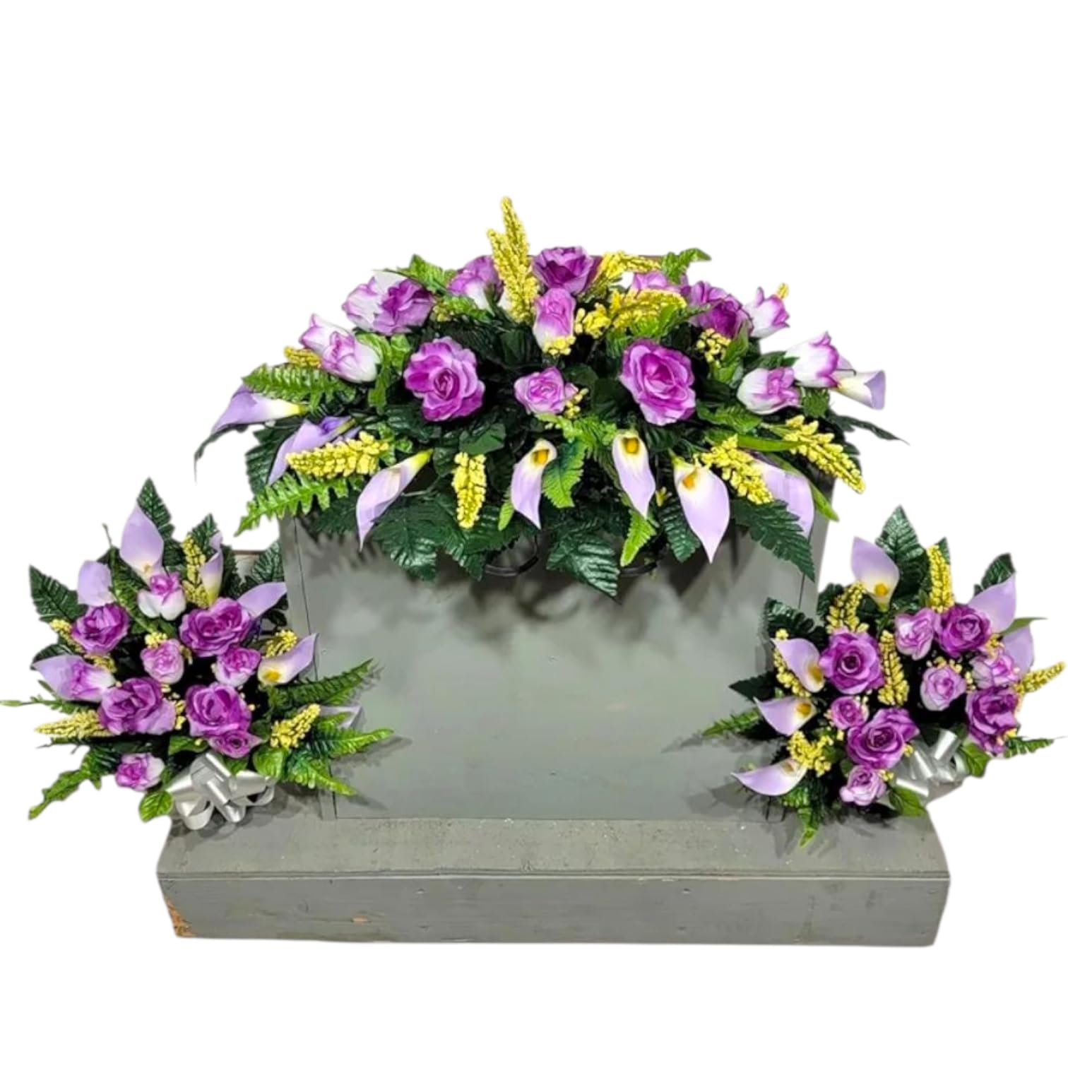 Realistic Artificial Cemetery Flowers lavendar rose and calla lily bouquet pair