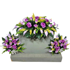 Realistic Artificial Cemetery Flowers lavendar rose and calla lily bouquet pair