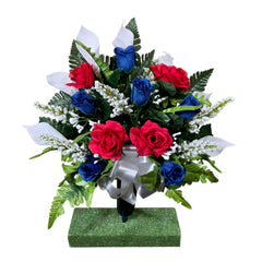 Realistic cemetery flowers cone with patriotic red white blue roses and calla lilies