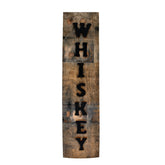 Reclaimed barrel stave whiskey sign bar decor on display shelf
